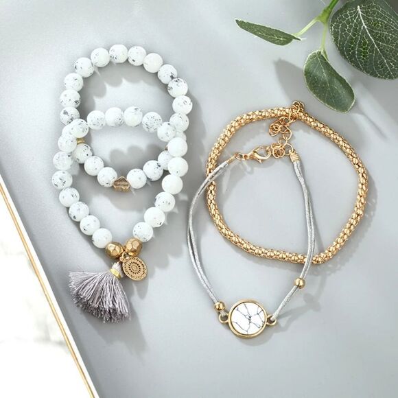 White Marble Gold Charm Tassel Bracelet Set - Picture 2 of 6